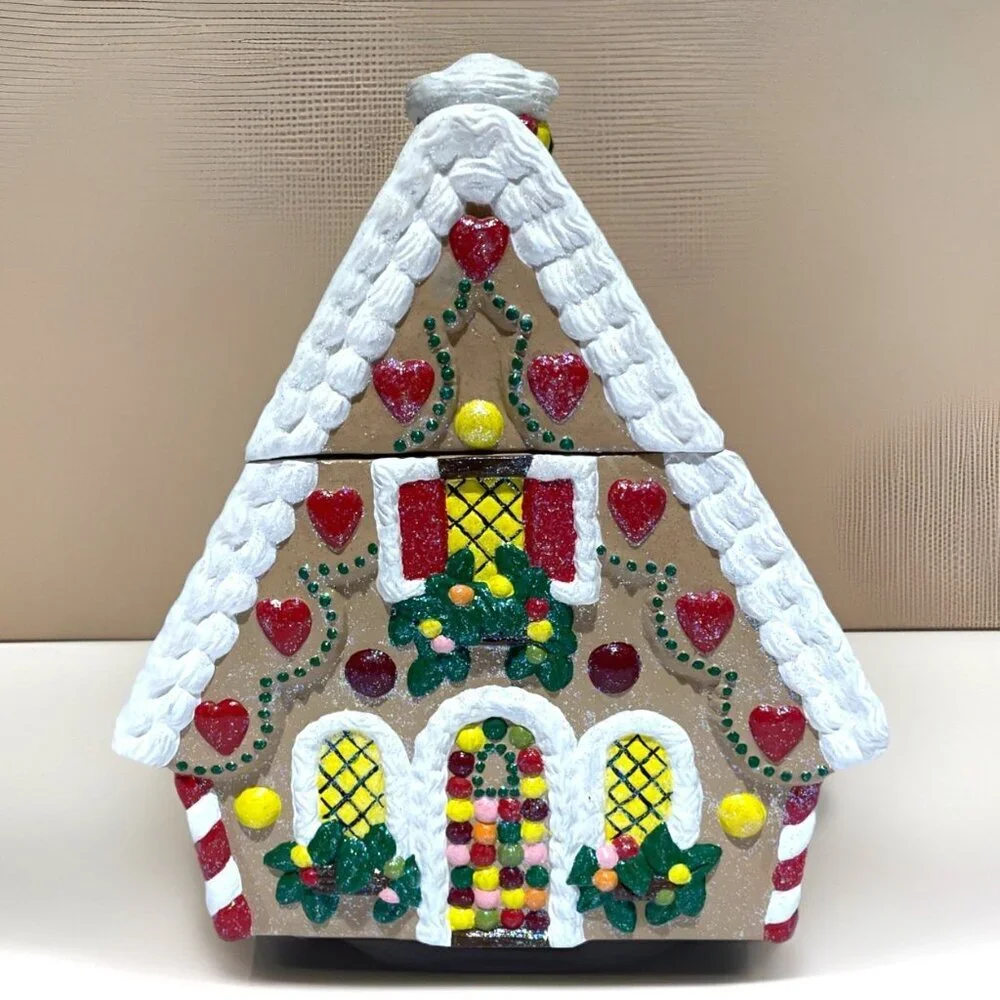 Vintage Handcrafted Gingerbread House Cookie Jar Canister Colorful Glitter 9